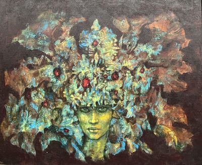 un tableau représentant une femme avec des fleurs sur la tête