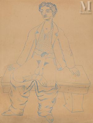 drawing of a man sitting on a bench with his legs crossed