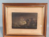 a painting of a boat in a body of water with a castle in the background