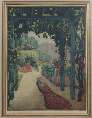 une image représentant un tableau d'un paon dans un jardin