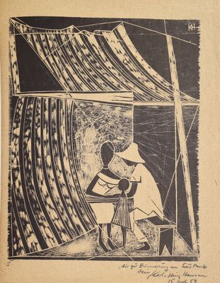 une image représentant un dessin en noir et blanc d'une femme assise à une table