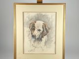 painting of a brown and white dog sitting on a wooden easel