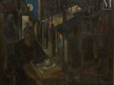 tableau représentant une femme assise à une table dans une pièce sombre