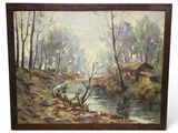 a painting of a river scene with a house in the distance
