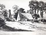 dessin représentant une ferme au toit de chaume, avec des arbres en arrière-plan