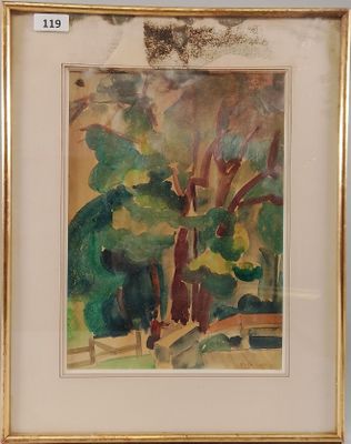 an image of a painting of trees in a gold frame on a wall