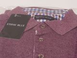 the sweater is purple and has a checkered shirt on it