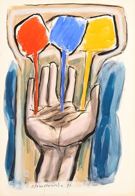 a drawing of a hand holding three colorful balloons