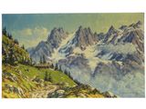 tableau représentant un paysage de montagne avec une cabane au premier plan et des sommets enneigés à l'arrière-plan