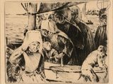 an image of a black and white drawing of people on a boat