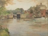 a painting of a river scene with boats on the water