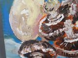a painting of mushrooms on a table with a vase