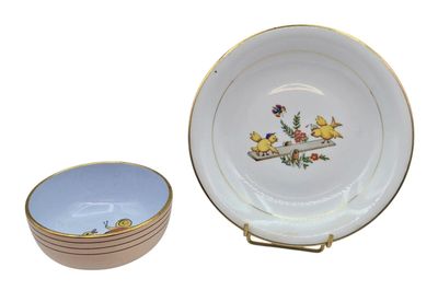 two bowls and a bowl with a bird design on them