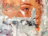 abstract painting of a woman ' s face with orange and white colors