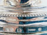 a close up of a silver plate with a person holding it