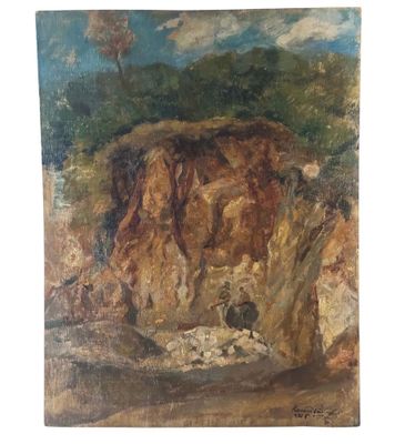 une peinture représentant une falaise rocheuse avec une grotte en arrière-plan