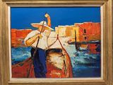 une peinture représentant un homme sur un bateau dans l'eau