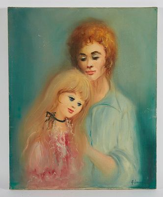 une peinture à l'huile représentant une femme et un enfant, dans un cadre blanc