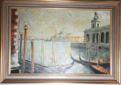 un tableau représentant un bateau dans un port, avec un bâtiment en arrière-plan