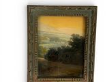 an oil painting of a landscape with trees in the foreground
