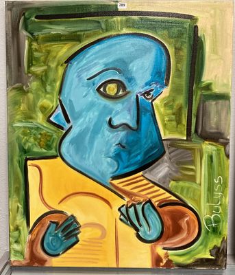 une peinture à l'huile représentant un homme bleu portant une chemise jaune