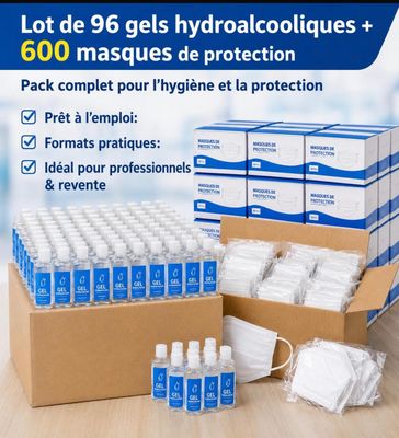 lot de 66 gels hydroalcooliques + 500 masques de protection