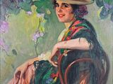 un tableau représentant une femme assise sur une chaise, coiffée d'un chapeau