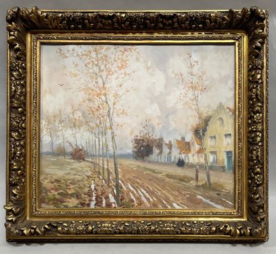 an oil painting of a country road with houses in the background