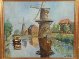 an oil painting of a windmill on a river with a boat in the foreground