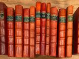Plusieurs vieux livres sont alignés sur une étagère posée sur une table en bois
