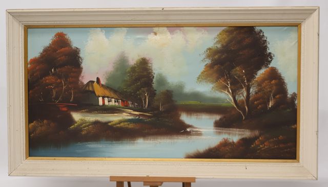 « Ferme au bord de la rivère ». Huile sur toile. Signature à iden...