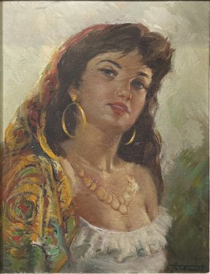 une peinture à l'huile représentant une femme en robe blanche et portant des boucles d'oreilles en or