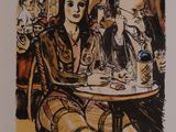 painting of two women sitting at a table in a cafe