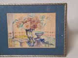 painting of a vase with flowers in it on a table