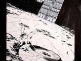un dessin en noir et blanc représentant une station spatiale sur une planète
