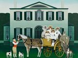 un tableau représentant une famille dans une calèche devant une grande maison