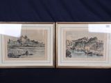 pair of two framed watercolor paintings of a castle and a river