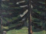 a painting of a road in the middle of a forest
