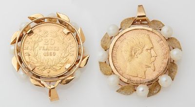 two pieces of gold and pearl jewelry with a coin in the middle
