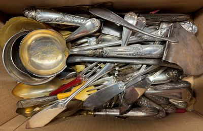 a box full of silverware and spoons and utensils