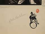 drawing of a man riding a bike with a woman on the back