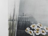 painting of a vase of daisies on a table in front of a window