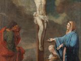 une image d'une peinture de jésus sur la croix avec d'autres personnes
