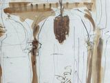 a drawing of a doorway with a cat and a dog in it