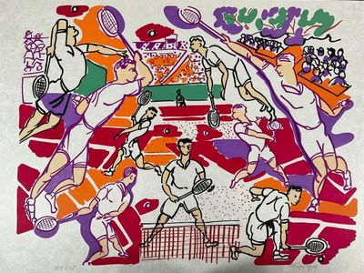 un dessin représentant un groupe de personnes jouant au tennis