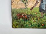 a painting of a woman picking apples in a field