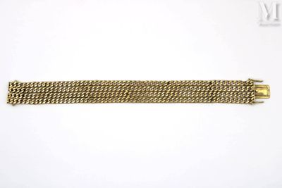 a gold chain bracelet with a clasp on a white background