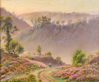 un tableau représentant une personne à cheval sur un chemin de terre