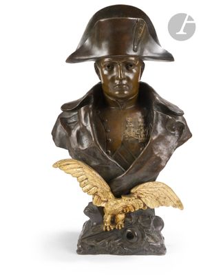 bronze bust of a man with a hat and eagle on a base