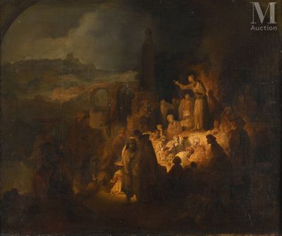 a painting of a group of people sitting around a manger